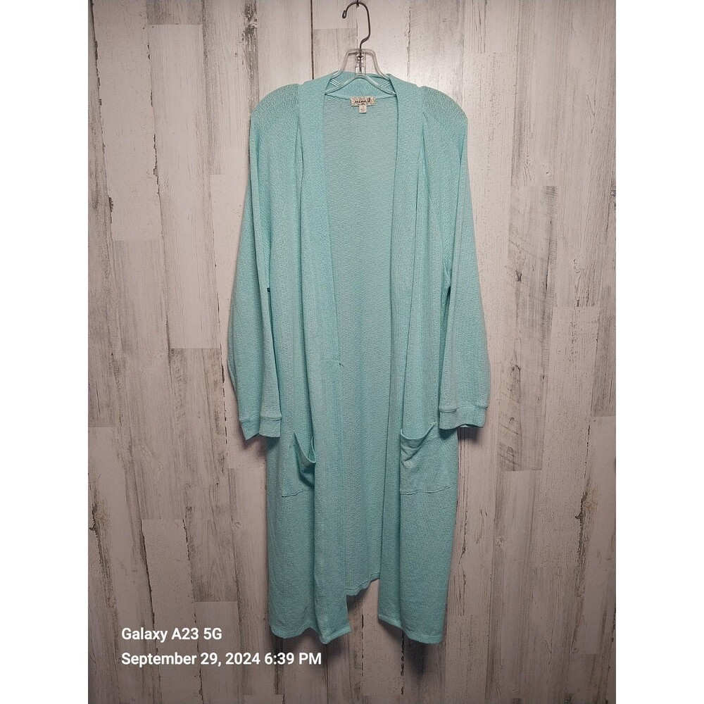 ONE WORLD Sea Green Long Open Women's Sweater 1X